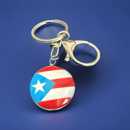 Puerto Rico Round Flag Keychain Metal Lobster Clasp Red White Blue Boricua