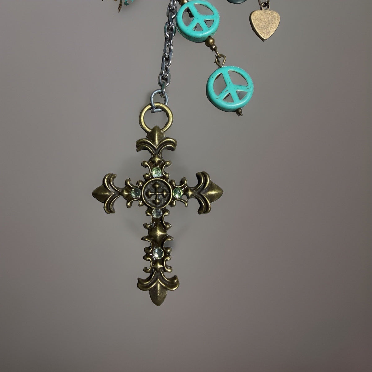 Vintage Cross Jade Patina Charm Keychain Peace Heart Bird Religious Accessory
