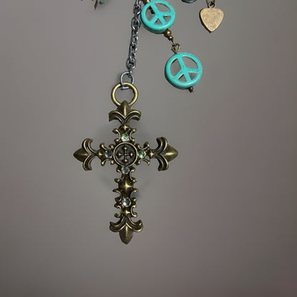 Vintage Cross Jade Patina Charm Keychain Peace Heart Bird Religious Accessory