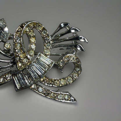 Vintage 1950s Floral Rhinestone & Enamel Brooch Pin Set 2pc Silver Tone Retro