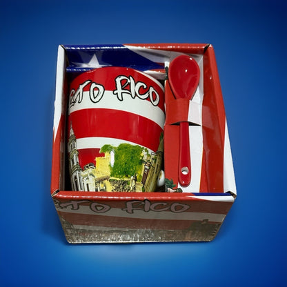 Puerto Rico Flag Ceramic Coffee Mug with Spoon Souvenir Multicolor