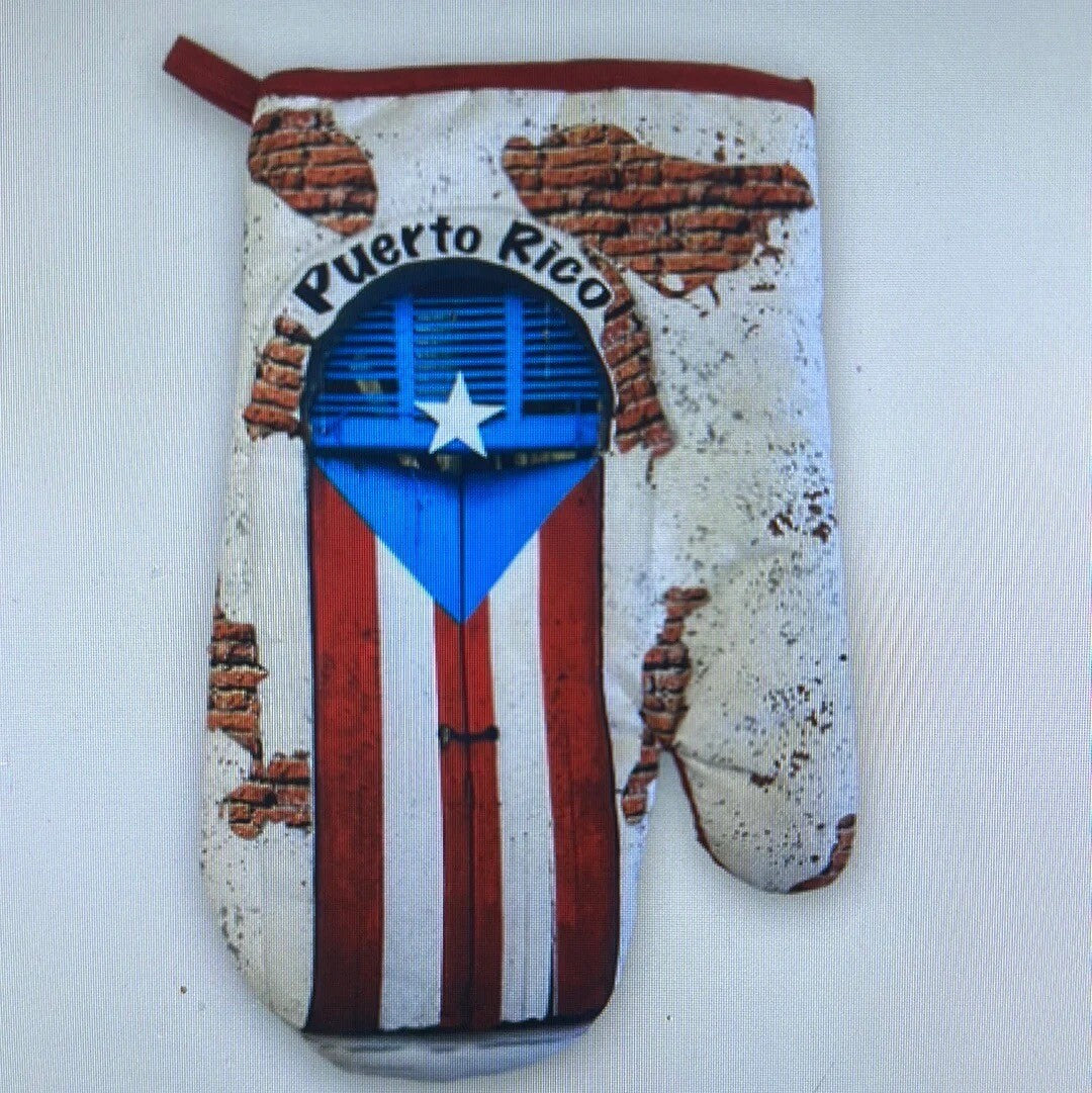 Puerto Rico Kitchen Pot Holder and Mitts 2 Piece Set Red White Blue Cotton