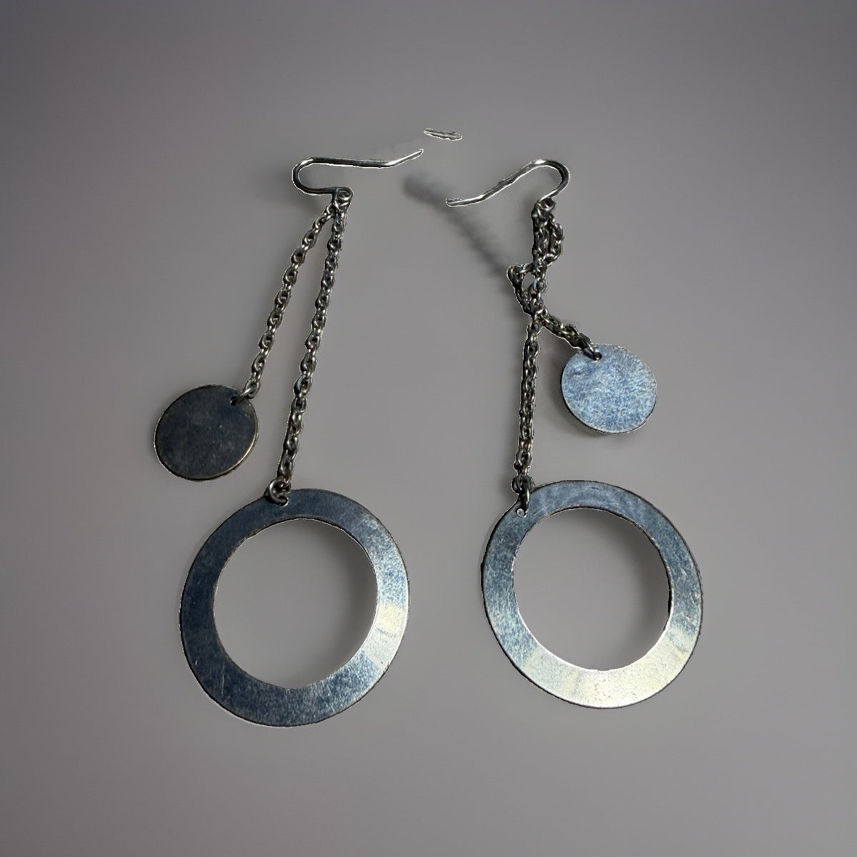 Silver Tone Dangling Chain Circle Earrings Vintage Drop Dangle Geometric Women