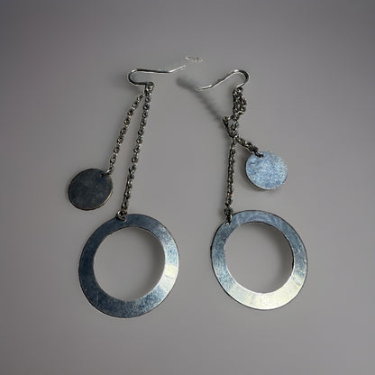 Silver Tone Dangling Chain Circle Earrings Vintage Drop Dangle Geometric Women
