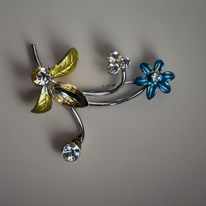 Vintage 1950s Floral Rhinestone & Enamel Brooch Pin Set 2pc Silver Tone Retro