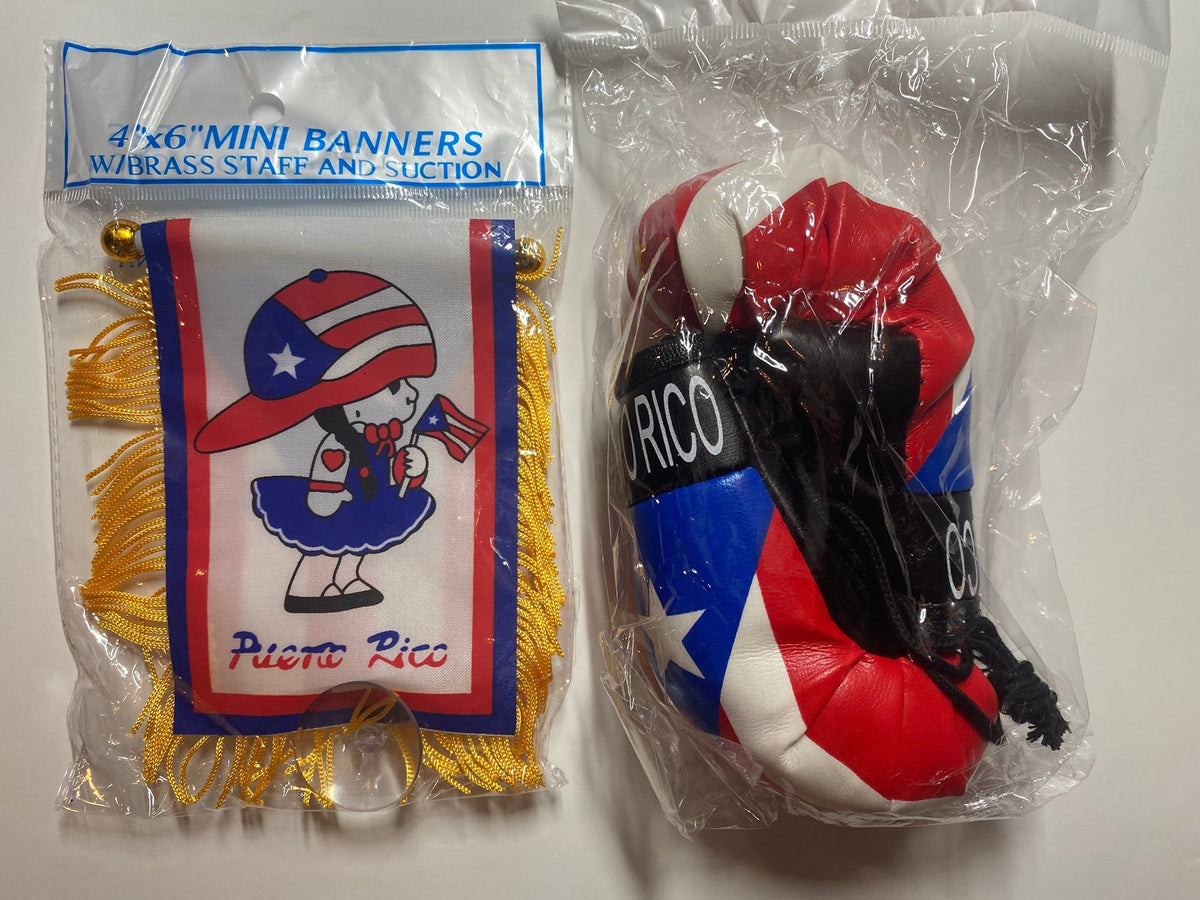 Puerto Rico Mini Boxing Gloves and Boricua Girl Mini Flag Lot 2 Pieces