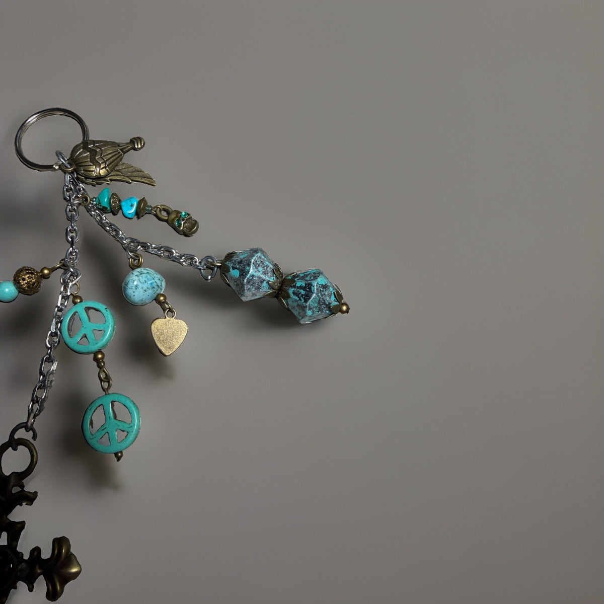 Vintage Cross Jade Patina Charm Keychain Peace Heart Bird Religious Accessory