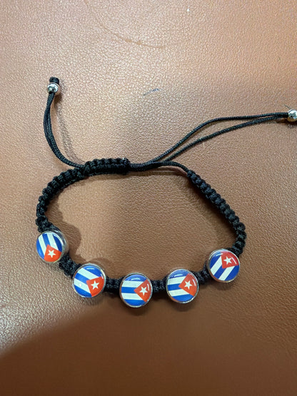 Cuba Flag Bracelet with Five Round Charms – Black Adjustable Cord
