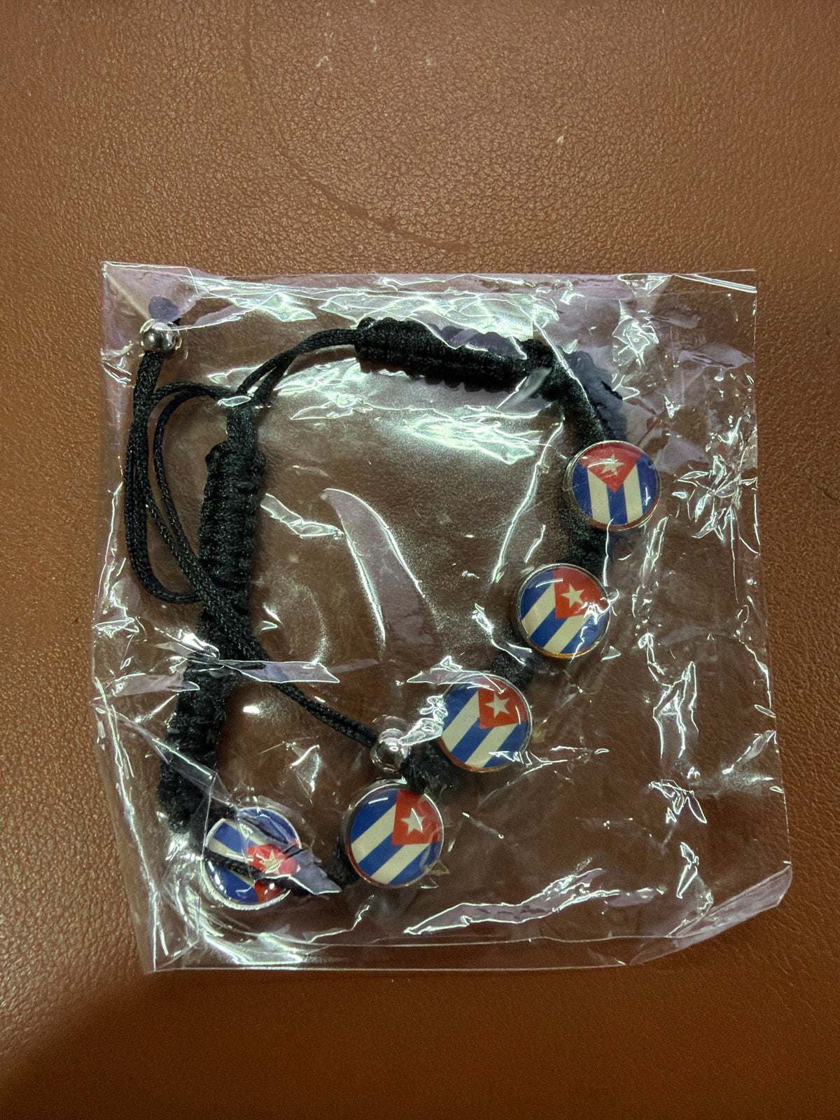 Cuba Flag Bracelet with Five Round Charms – Black Adjustable Cord
