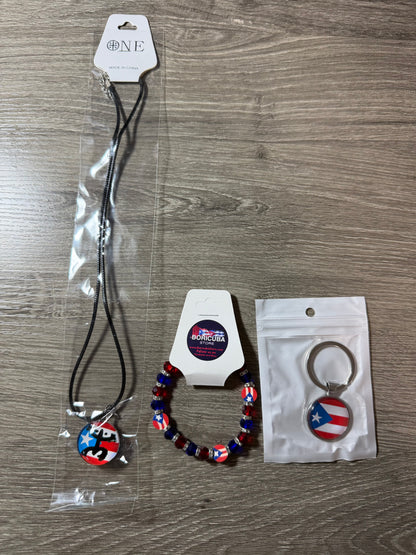 Puerto Rico 3-Piece Set–Flag-Coqui Necklace, Bracelet, and Keychain Bundle