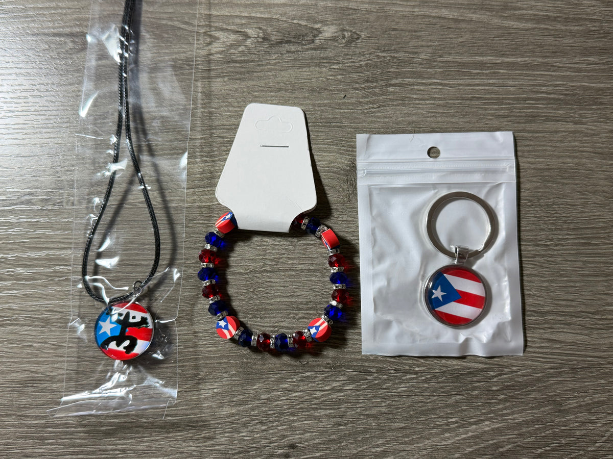 Puerto Rico 3-Piece Set–Flag-Coqui Necklace, Bracelet, and Keychain Bundle