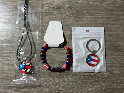 Puerto Rico 3-Piece Set–Flag-Coqui Necklace, Bracelet, and Keychain Bundle