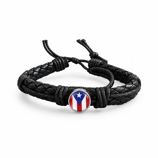 Black braided leather Puerto Rico flag bracelet on white