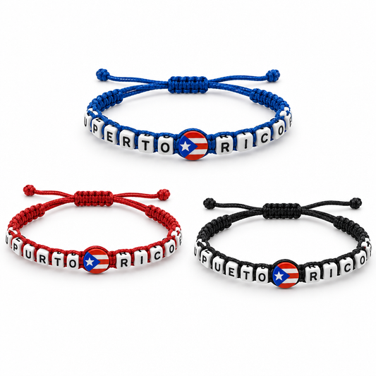 Blue, red, and black Puerto Rico bracelets together on a white background