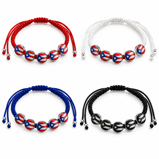 Four Puerto Rico macrame bracelets on white