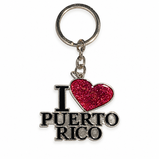 I love Puerto Rico glitter heart keychain on white background