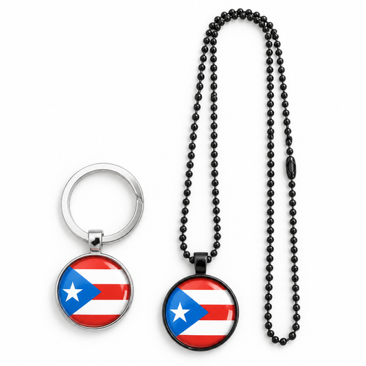 Matching Puerto Rico flag necklace and keychain on white background
