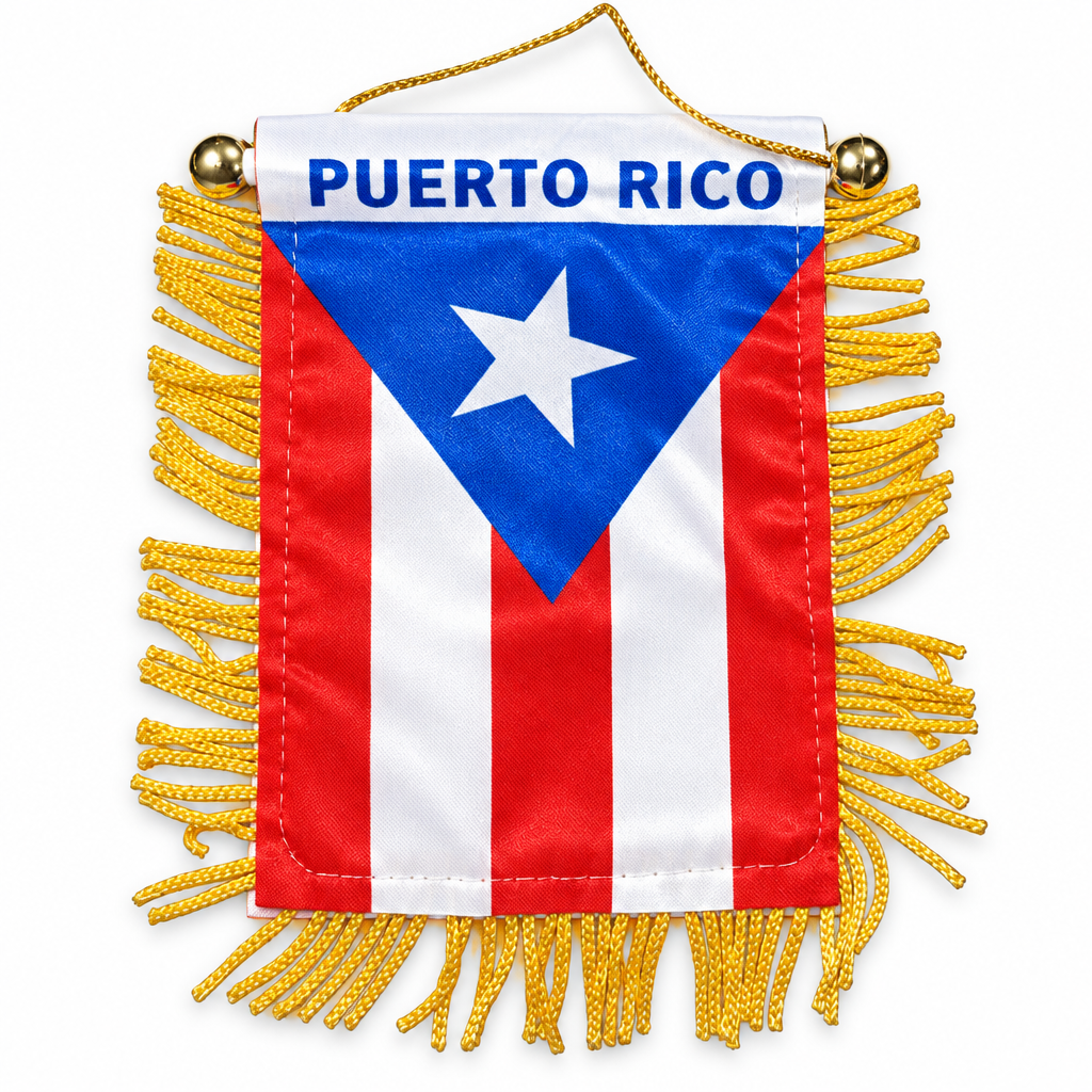 Puerto Rico mini flag banner with gold fringe on white background