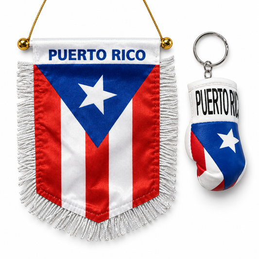 Puerto Rico mini pennant and boxing glove keychain set on white background