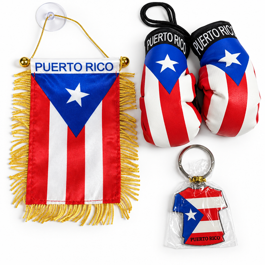 Puerto Rico mini banner, boxing gloves and keychain bundle on a clean background