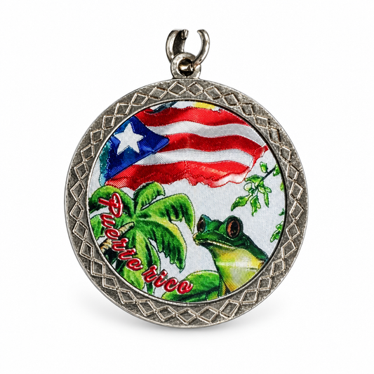 Puerto Rico flag and frog round keychain on white background