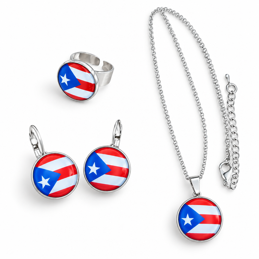 Puerto Rico flag necklace, matching earrings and ring on white background