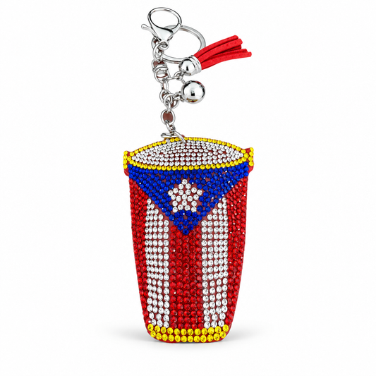 Puerto Rico flag rhinestone drum keychain on white background