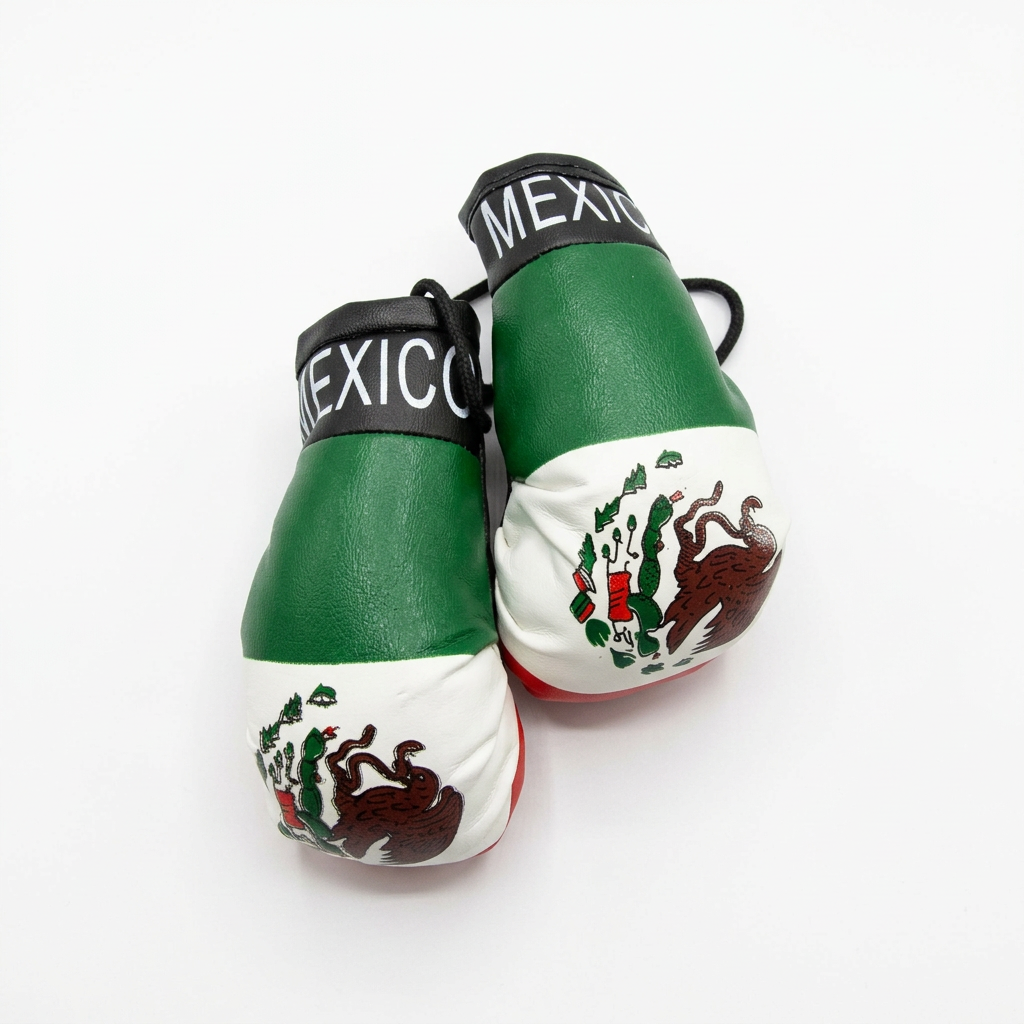 Polished angled front view of Mexico mini boxing gloves