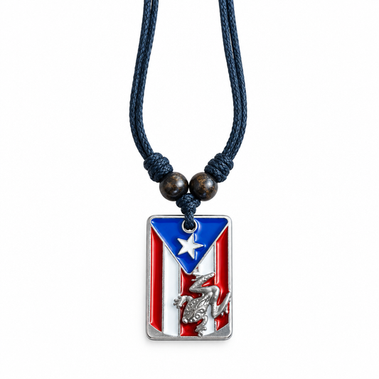 Puerto Rico Coquí frog rectangular pendant necklace on white