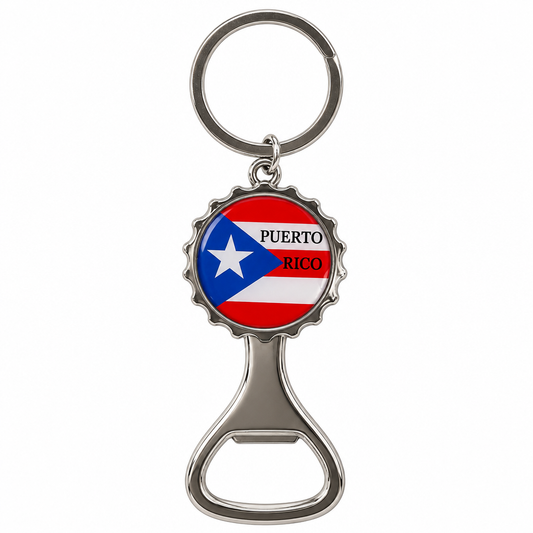Puerto Rico flag bottle opener keychain on white background