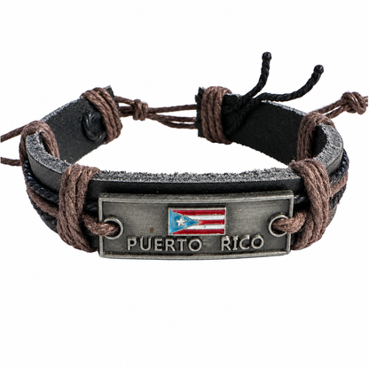 Puerto Rico flag rectangle charm bracelet with brown cord and leather band on white background