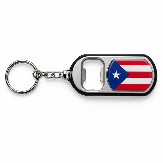Puerto Rico LED light and bottle-opener keychain on white