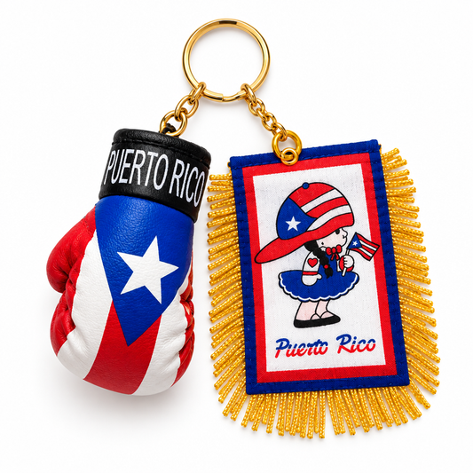 Puerto Rico mini boxing gloves and Boricua girl flag set on white background