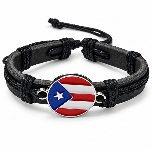 Puerto Rico round flag leather bracelet on white