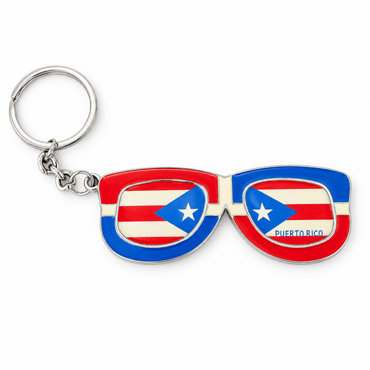 Puerto Rico sunglasses keychain on a clean white background