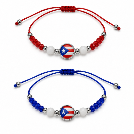 Red and blue handmade Puerto Rico flag bracelets together on white