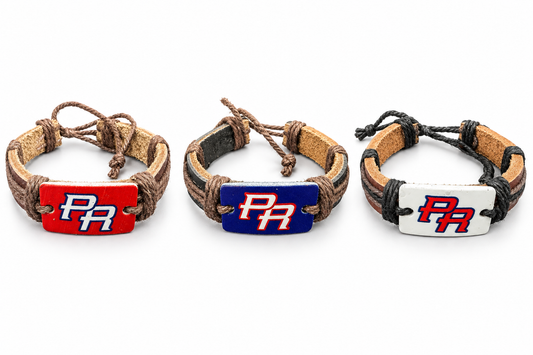 Red, blue, and white PR charm bracelets together