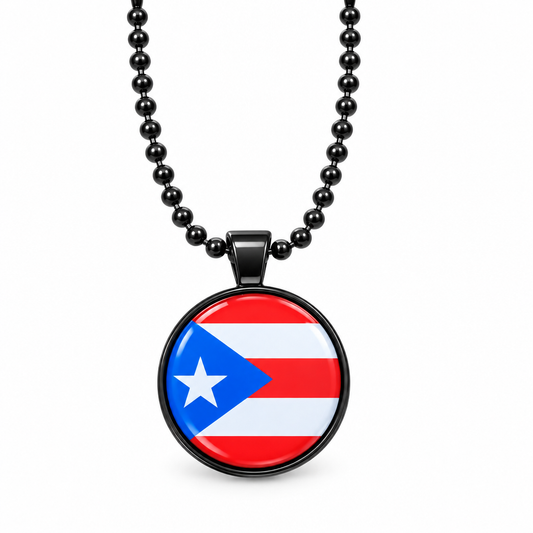 Round Puerto Rico flag pendant with black ball chain on white