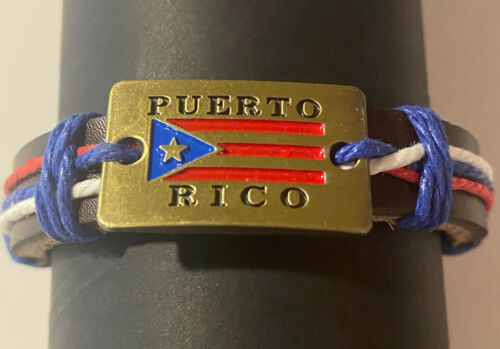 Puerto Rico Leather Cast Flag Bracelet 