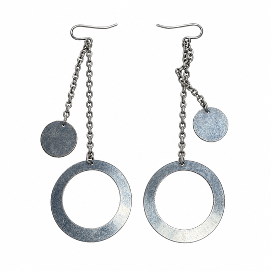Silver tone chain circle earrings on white background
