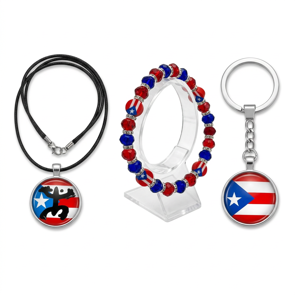 Unpackaged Puerto Rico coqui necklace, beaded bracelet and keychain at a slight angle